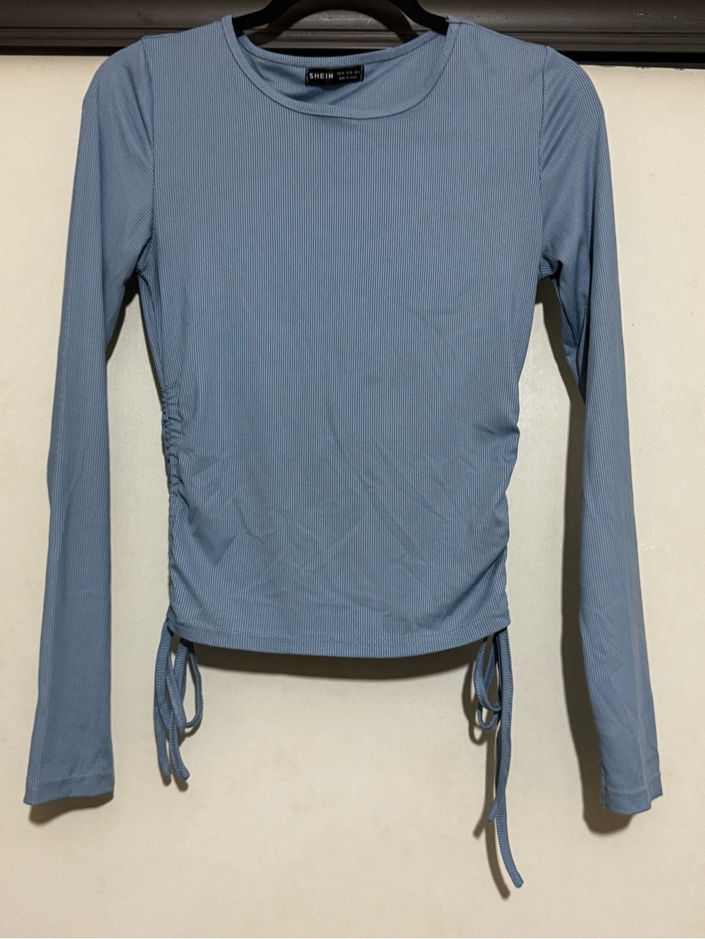 SHEIN Light Blue Ribbed Long Sleeve Side-Ruched Tee